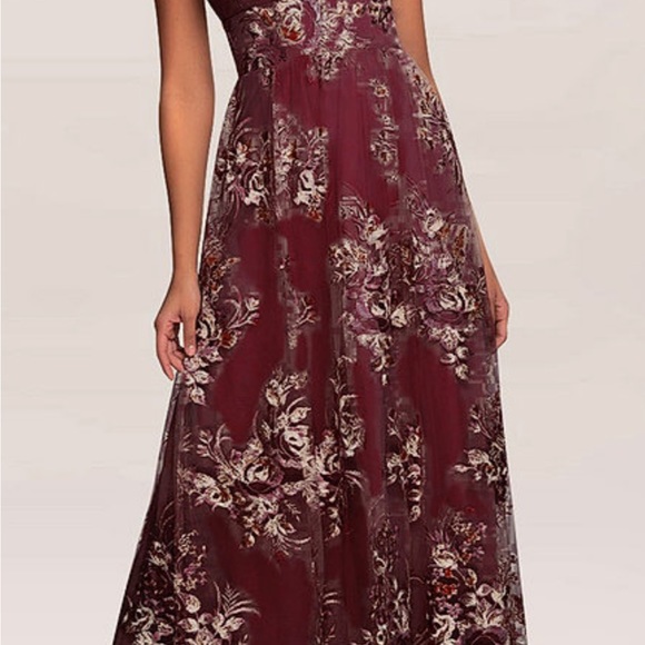 Azazie AZ Occasions Romantic Adventure Cabernet Embroidery Tulle Maxi Dress - Picture 3 of 4
